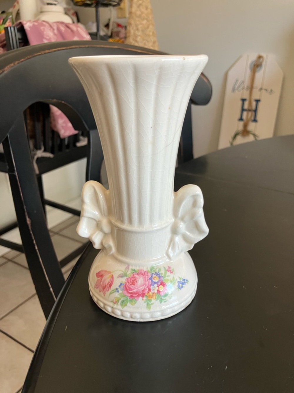 White Floral Ceramic Vase with Bow Accent